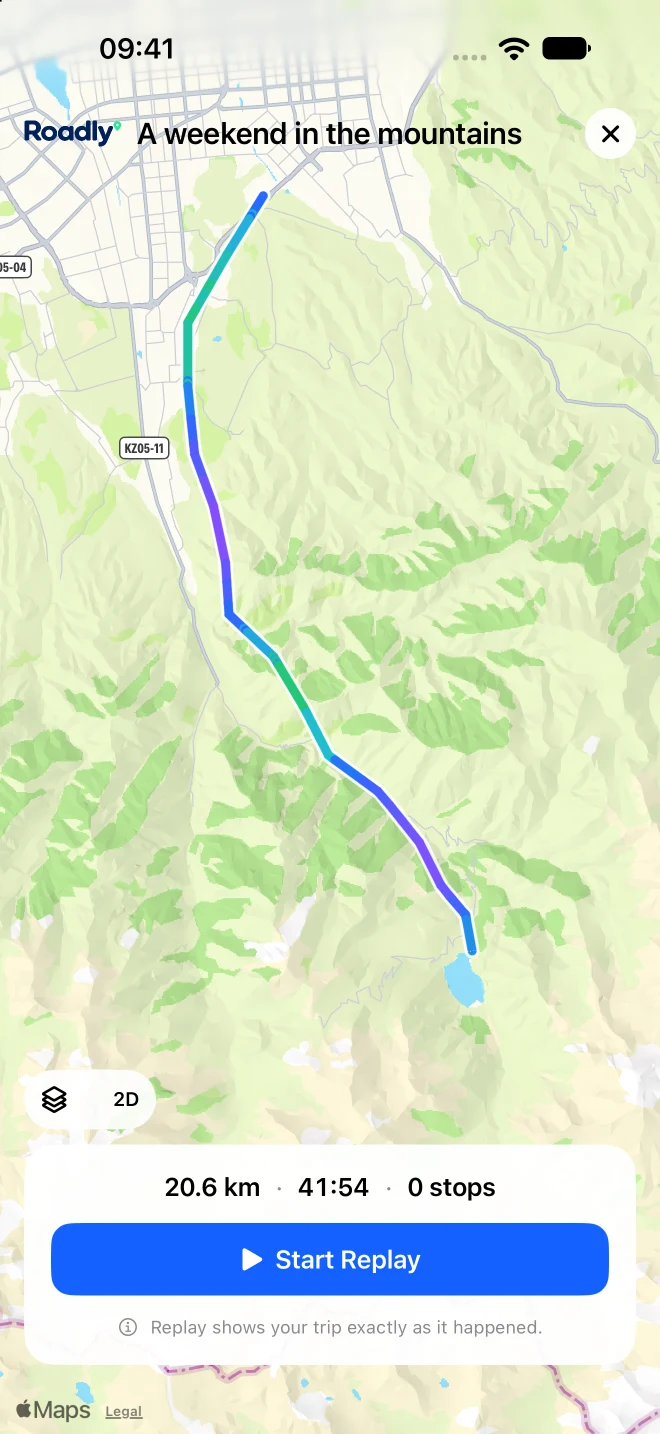 Roadly Replay showing a trip route on the map